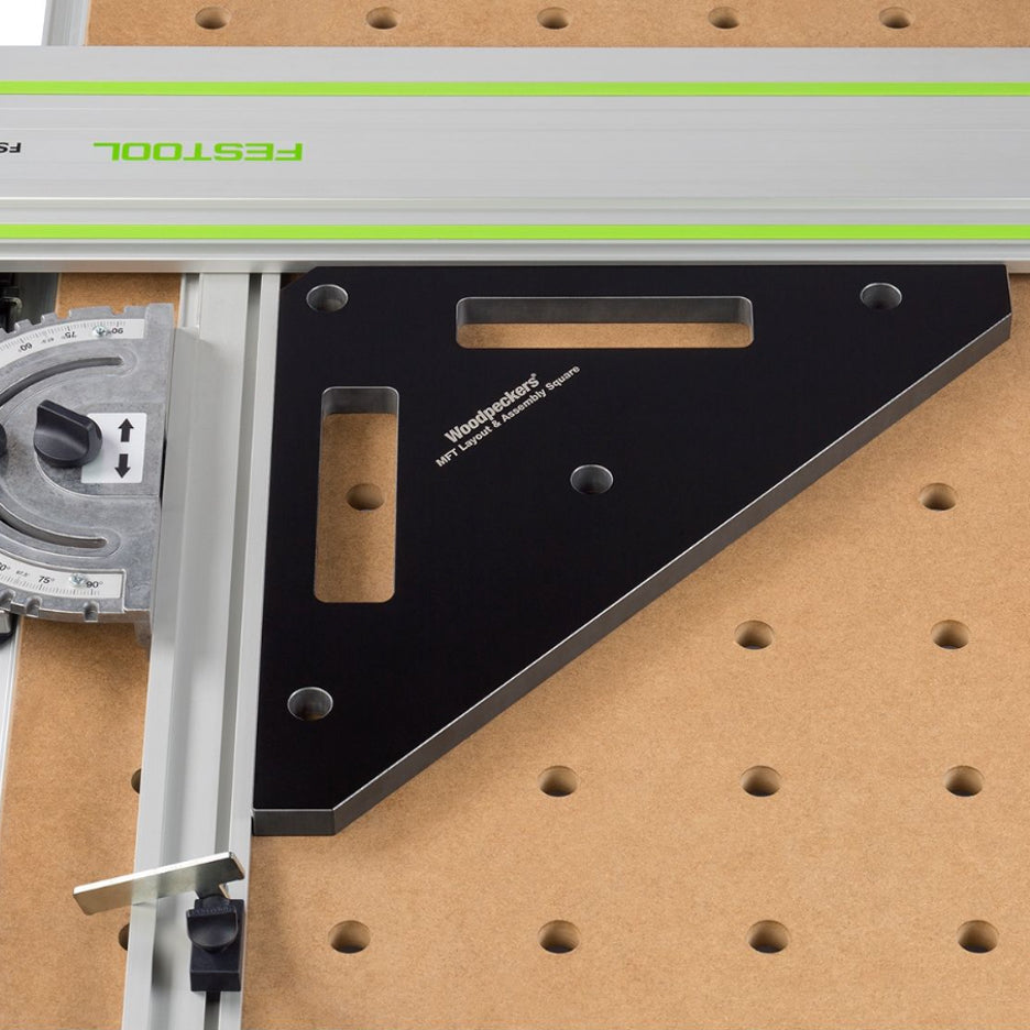 Woodpeckers MFT Layout and Assembly Square aligning guide rail to fence.