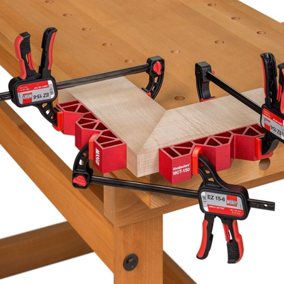 Woodpeckers 1-1/2 inch Mitre Clamping Tools and three clamps securely hold a large mitre together