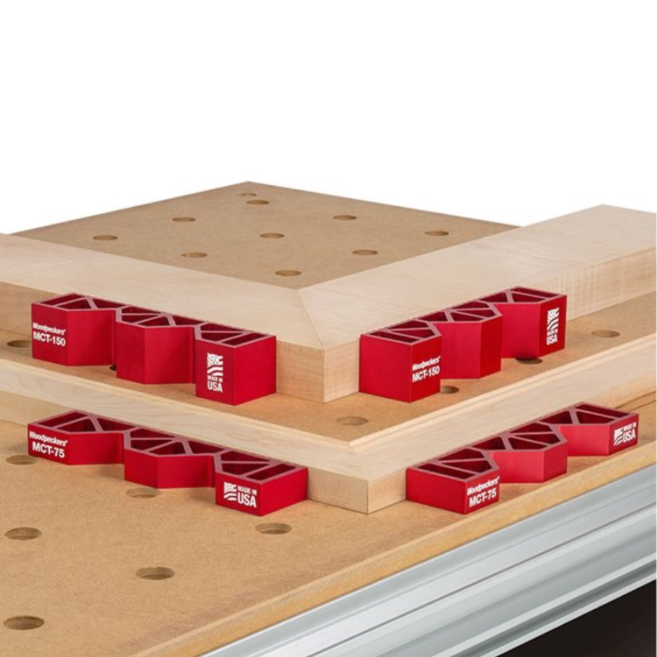 Woodpeckers 3/4 and 1-1/2 inch thick Mitre Clamping Tools with mitred wood on MFT