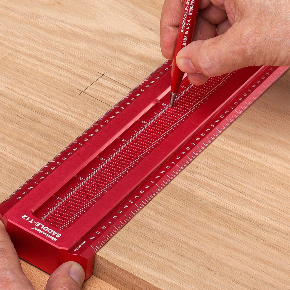 Woodpeckers Saddle T-Squares have pencil holes every 1/32 inch or 1mm allow parallel lines to be quickly, easily and accurately drawn.