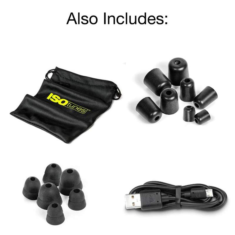 The ISOtunes XTRA Noise Isolation Earbuds include a drawstring bag, silicone and memory foam ear tips, cna micro-USB cable.