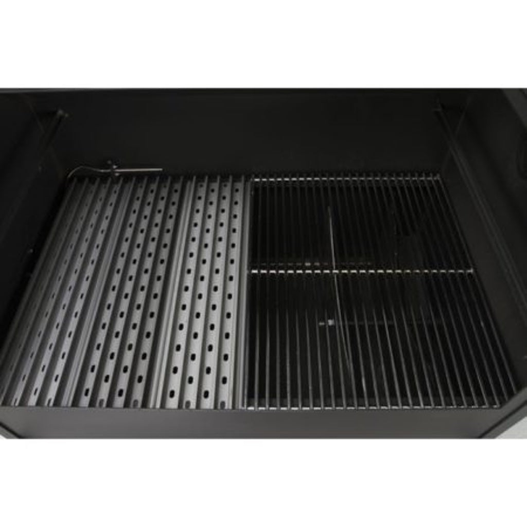 Three grill grates installed on the left side of a Yoder Smokers YS640 pellet grill.