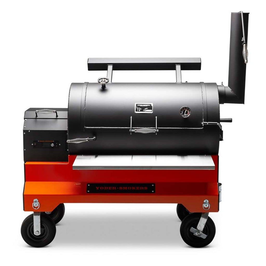 Front view of Yoder Smokers YS1500S Pellet Grill on orange Competition Cart with pneumatic wheels.