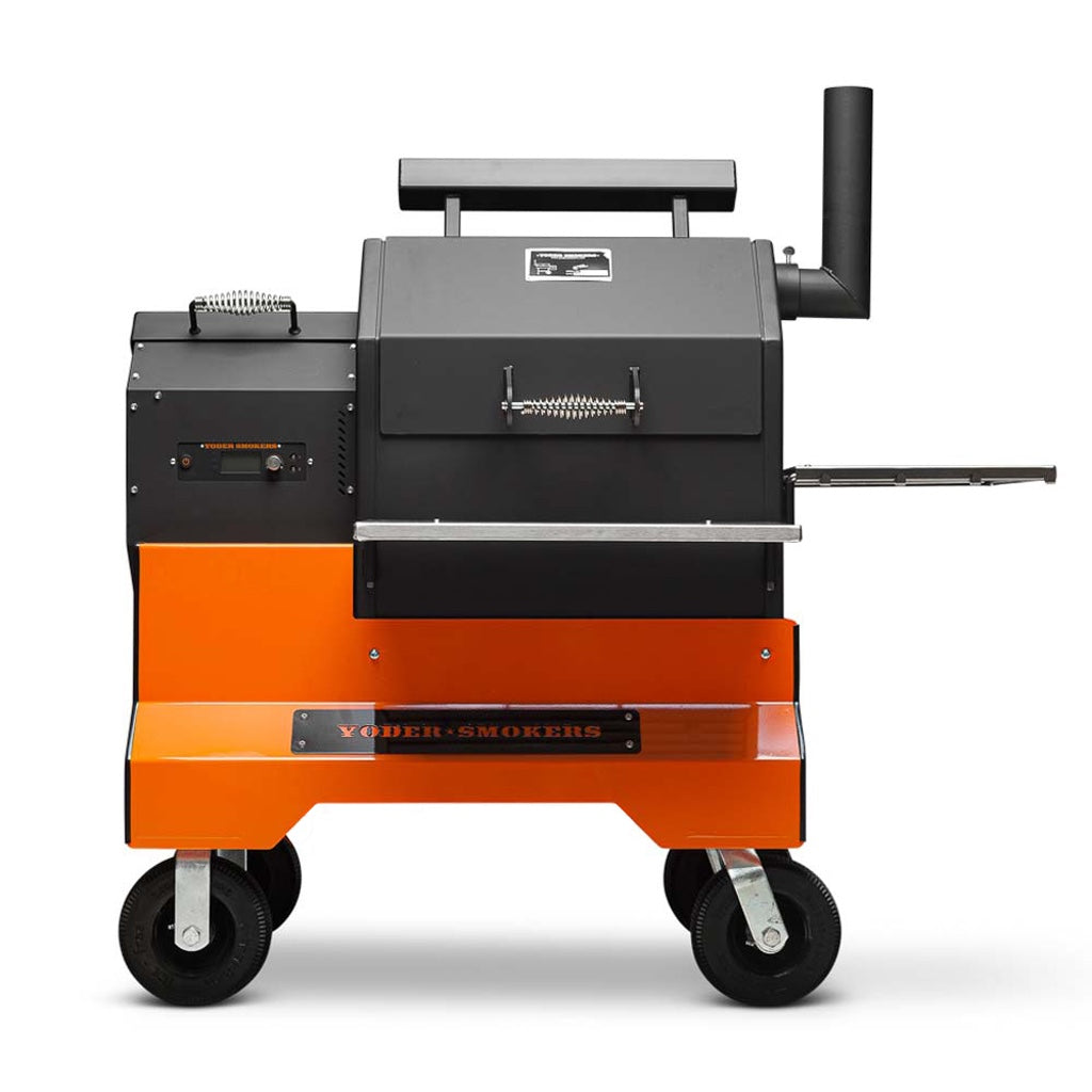 Front view of YS480 Pellet Grill showing food compartment, pellet hopper, stainless steel shelves, competition cart.