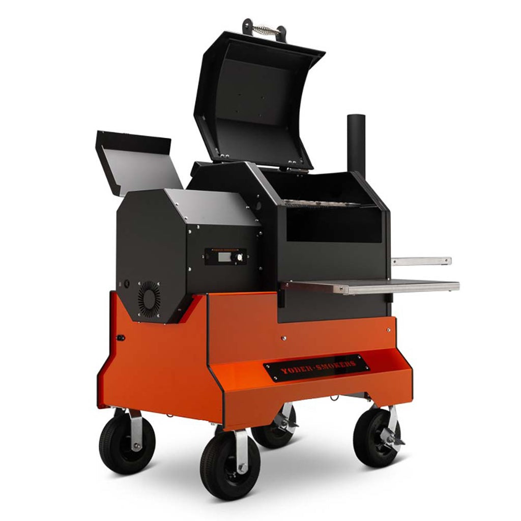 Front left view of YS480 Pellet Grill showing food compartment and pellet hopper open, on competition cart.