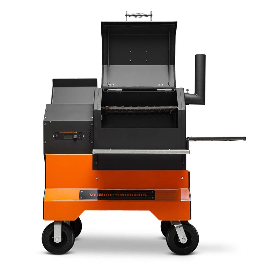 Front view of YS480 Pellet Grill showing food compartment and pellet hopper open, on competition cart.