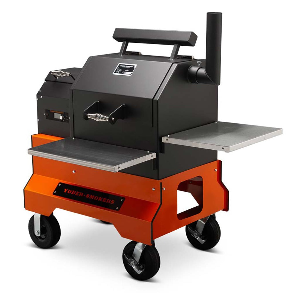 Front right view of YS480 Pellet Grill showing food compartment, pellet hopper, stainless steel shelves, competition cart.