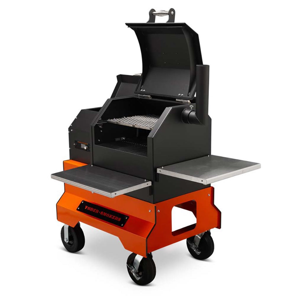 Front right view of YS480 Pellet Grill showing food compartment and pellet hopper open, on competition cart.