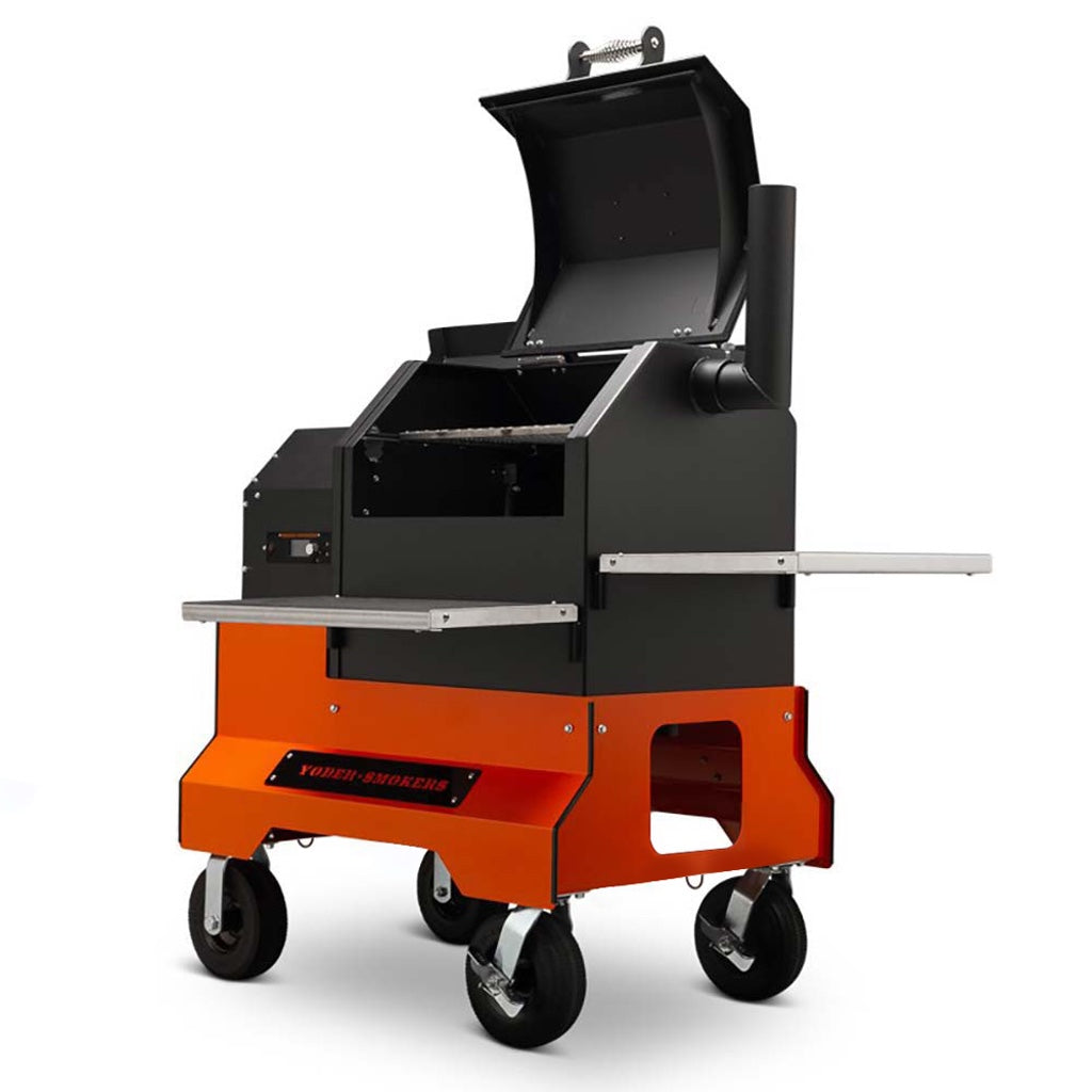 Front right view of YS480 Pellet Grill showing food compartment and pellet hopper open, on competition cart.
