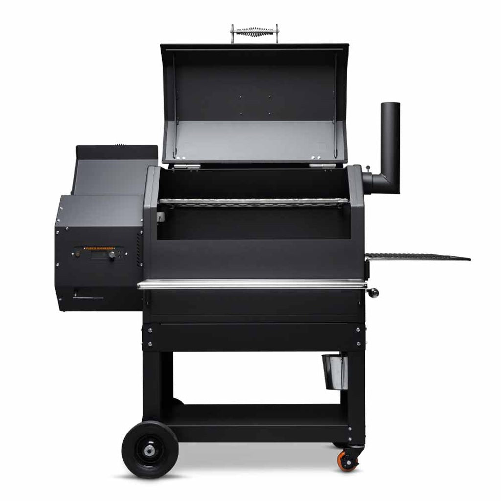 Front view of Yoder Smokers YS640S Pellet Grill with pellet hopper and food compartment lids open.