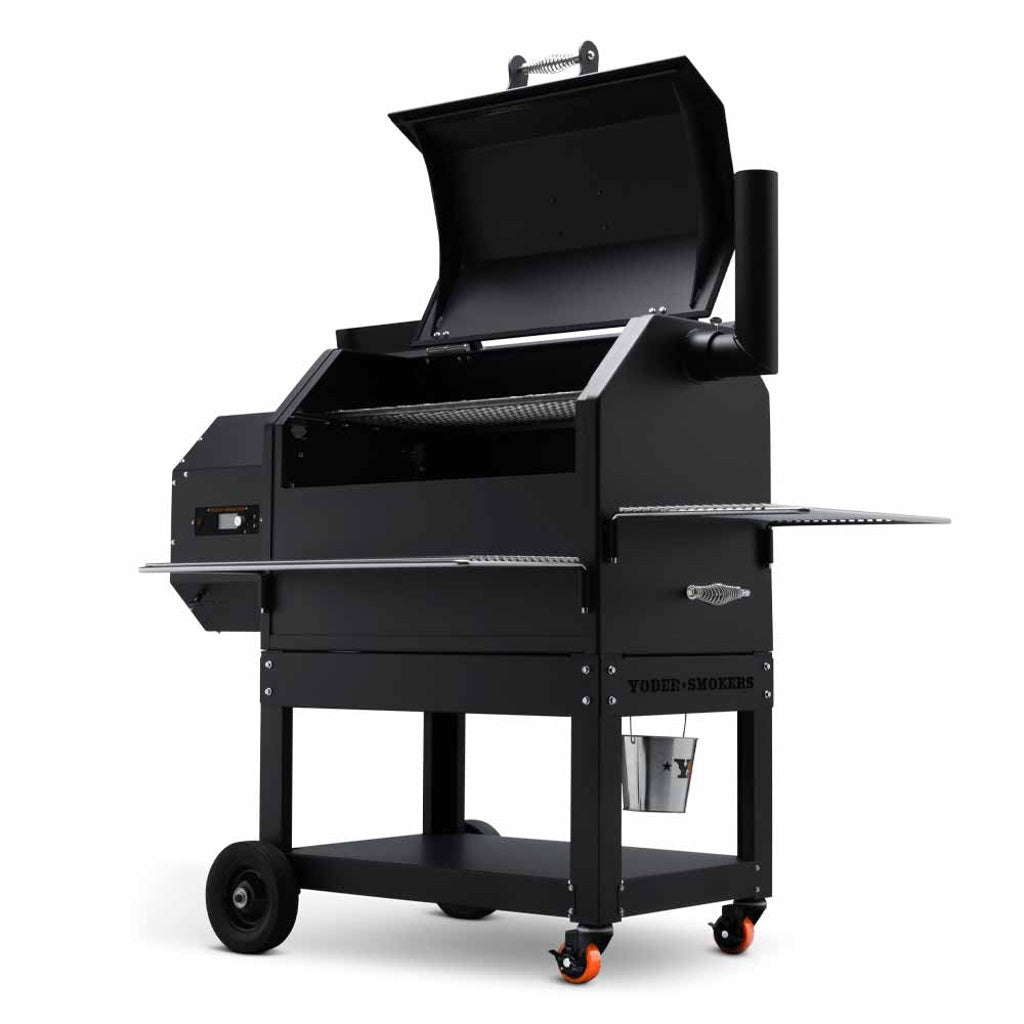 Front right view of Yoder Smokers YS640S Pellet Grill with pellet hopper and food compartment lids open.