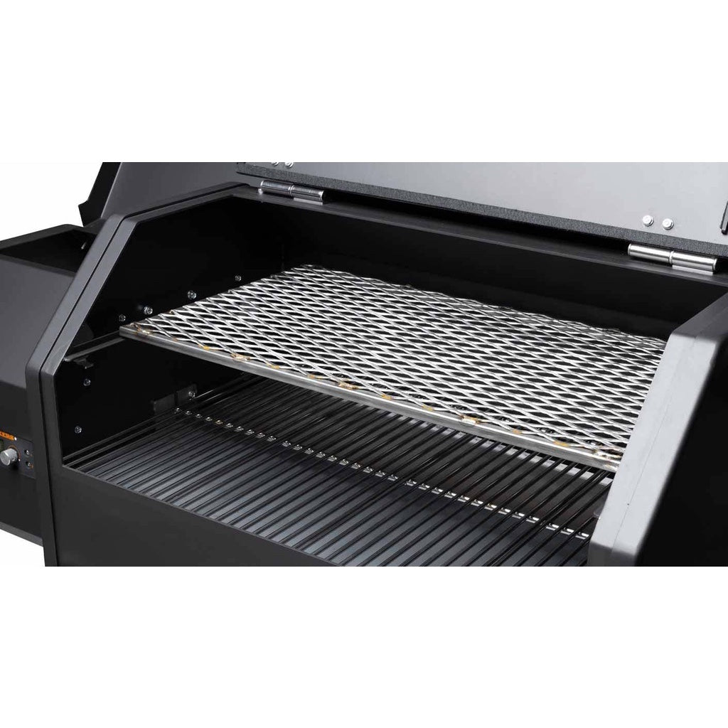 Food compartment lid open, showing pull-out second shelf and main grill of the Yoder Smokers YS640S Pellet Grill.