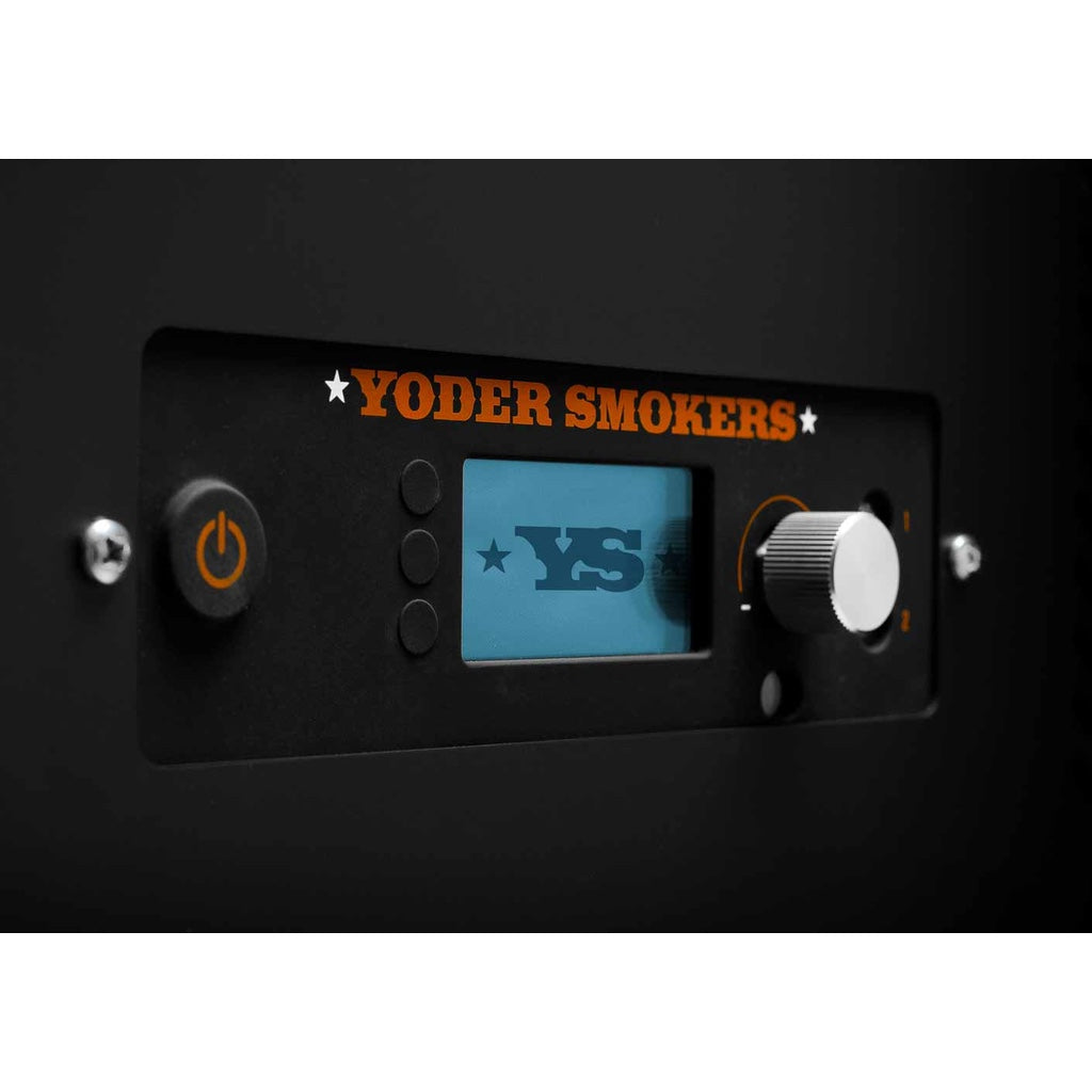 Control panel of the Yoder Smokers YS640S Pellet Grill with power button, adjustment knob, and two food probe ports.