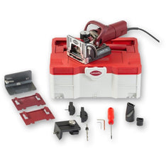 Lamello Zeta P2 Set includes Systainer, 2 and 4mm spacers, vacuum adapters, drilling jig, drill bit, depth stock, fences.