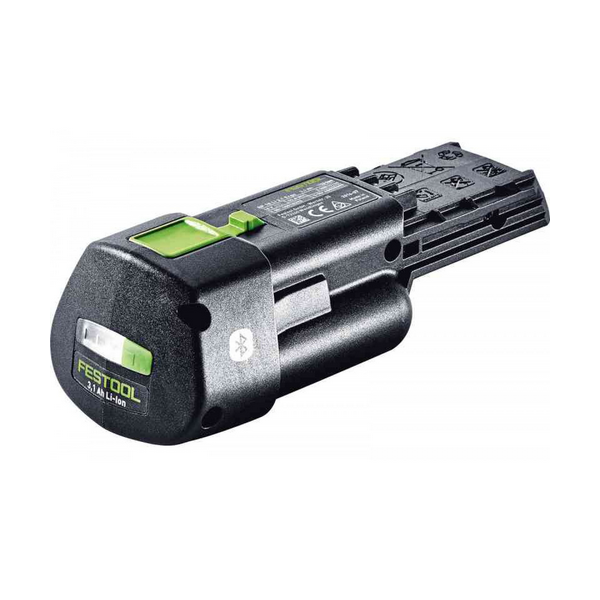 Festool 18V 3.1Ah Ergo Bluetooth Battery with charge indicator LEDs, green release button, and slim ergonomic form.