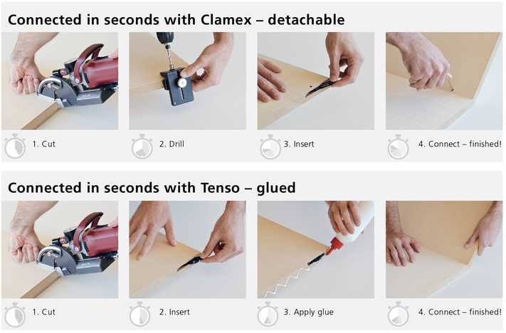 Steps required to install Lamello's detachable Clamex connectors, and glued-in Tenso connectors.