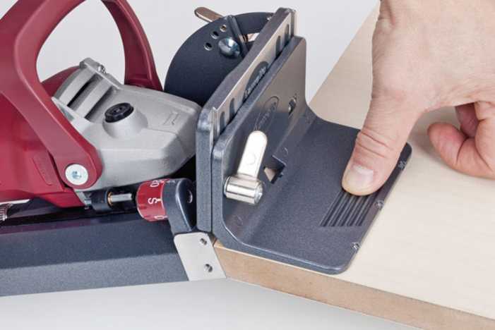 Lamello Classic X Biscuit Joiner cutting into bevelled edge