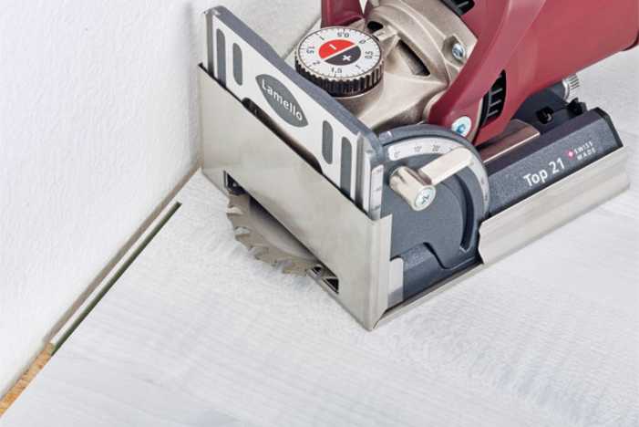 Lamello Top 21 Biscuit Joiner can cut very close to adjacent surfaces