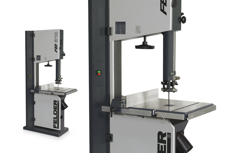 Far and close views of the front of the Felder FB 510 bandsaw