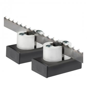 Two ceramic blade guide assemblies set up around a 1" bandsaw blade.