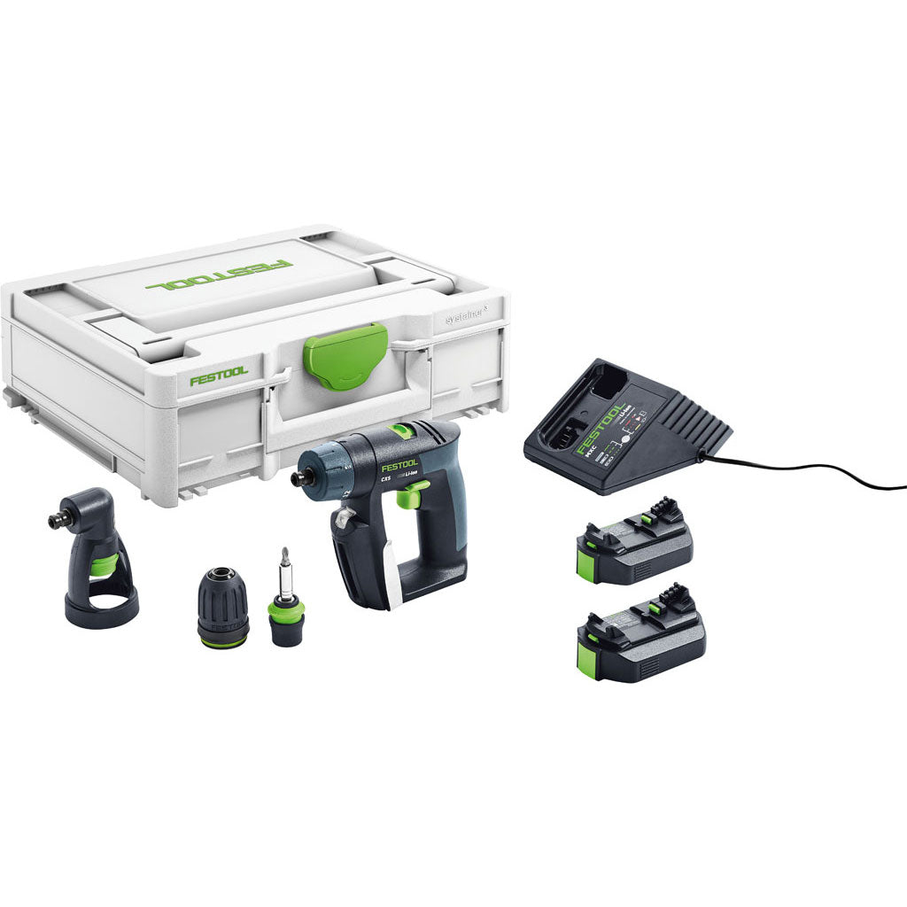 The Festool CXS Cordless Drill Set includes Systainer, 2 batteries, charger, CENTROTEC, keyless 3/8" & right angle chucks.