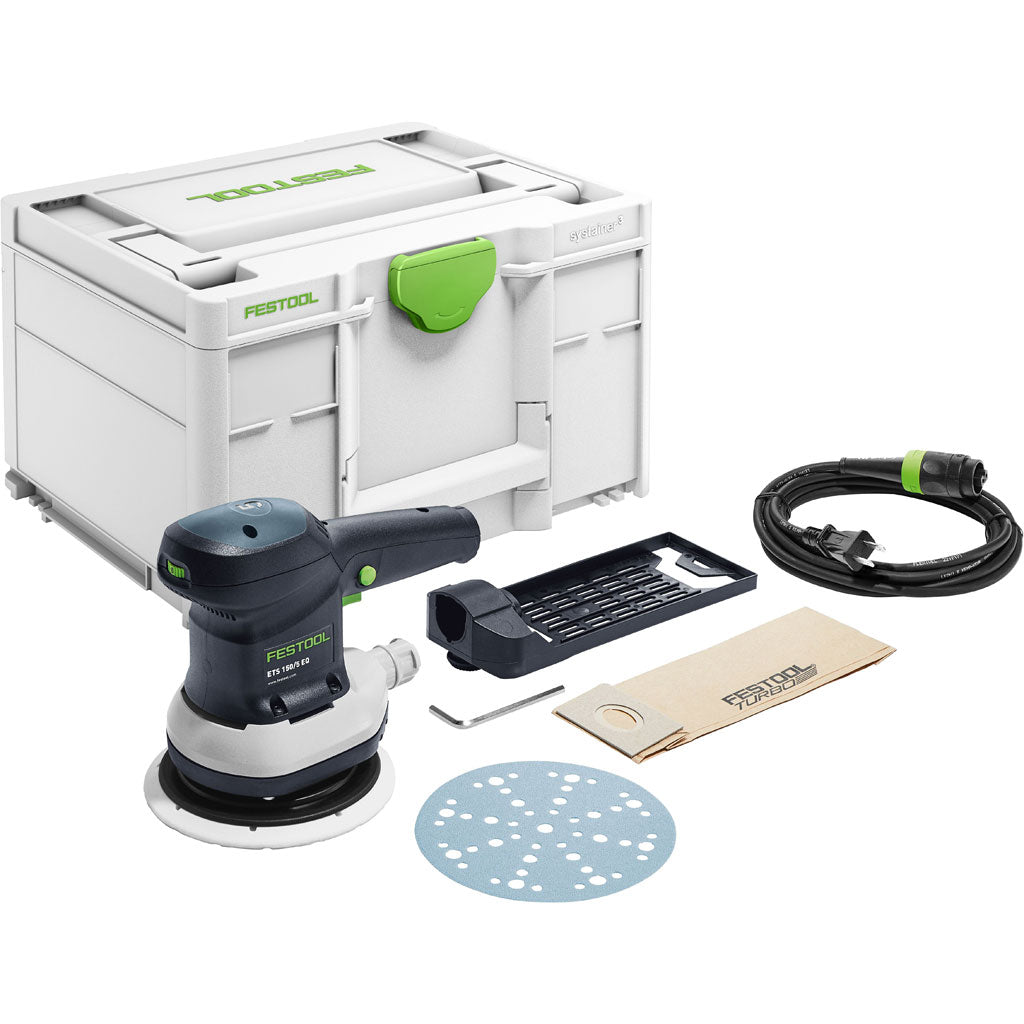 Festool ETS 150/3 EQ-Plus random orbit sander includes soft sanding pad, longlife dust bag, Plug-it power cord and Systainer