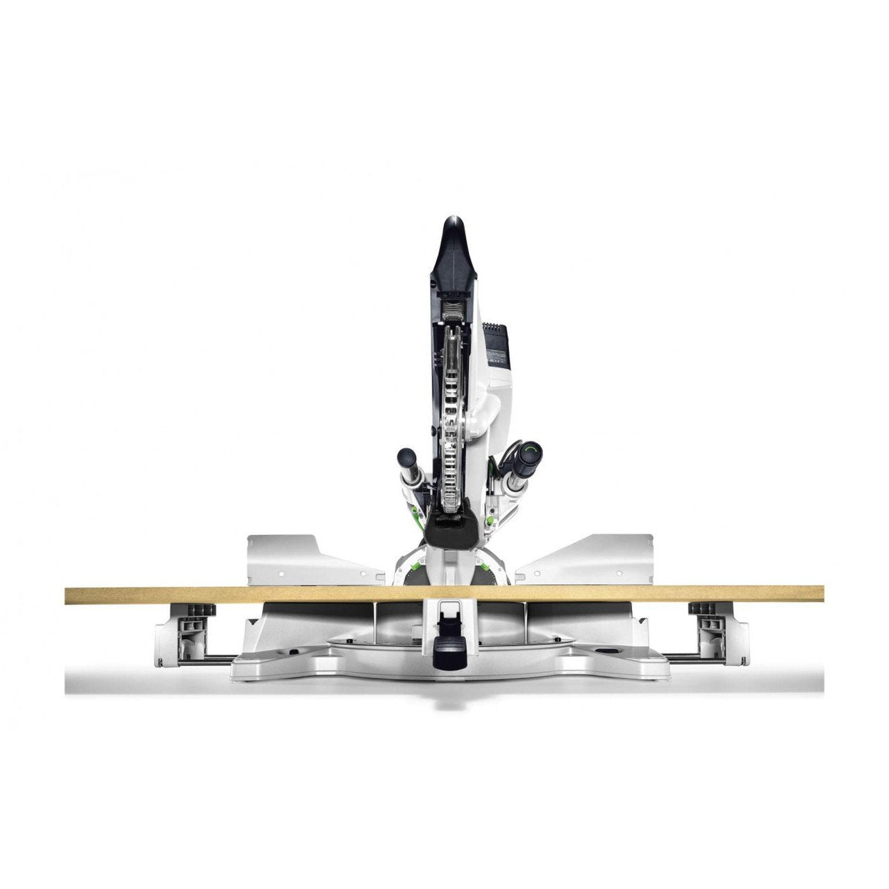 Front view of Kapex with a workpiece across the workpiece supports extended.