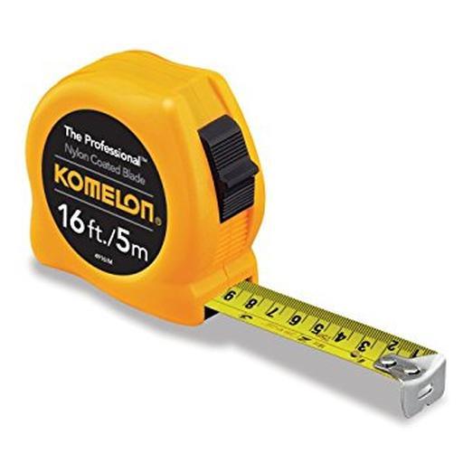 Komelon Professional tape measure w/ergonomic yellow plastic case, black slide lock. 3/4" x 16'/5m blade. Metric/imperial.
