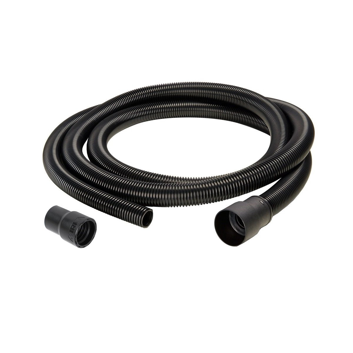 Black Mirka 4m conical tapered hose coiled up with fitting for dust extractor vacuum and adapter for the tool.