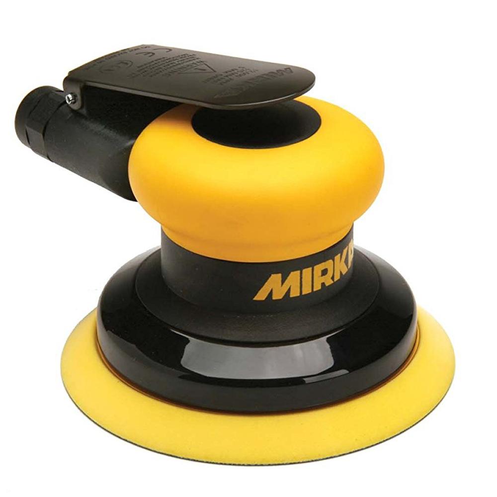 Front view of Mirka's random orbit air sander with 6" pad, dust shroud w/ port, ergonomic yellow grip and paddle switch. Edit alt text