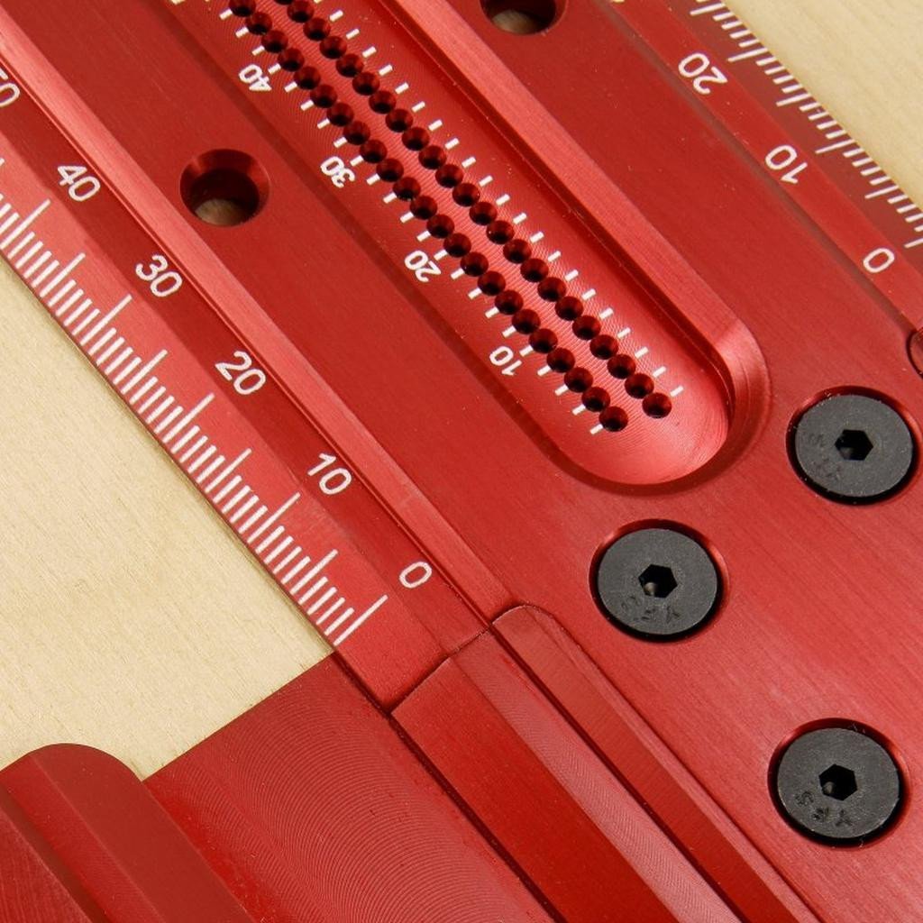 Detail view of 600mm T-Square showing pencil holes every 1mm, graduations, and blade to body attachment with bolts.