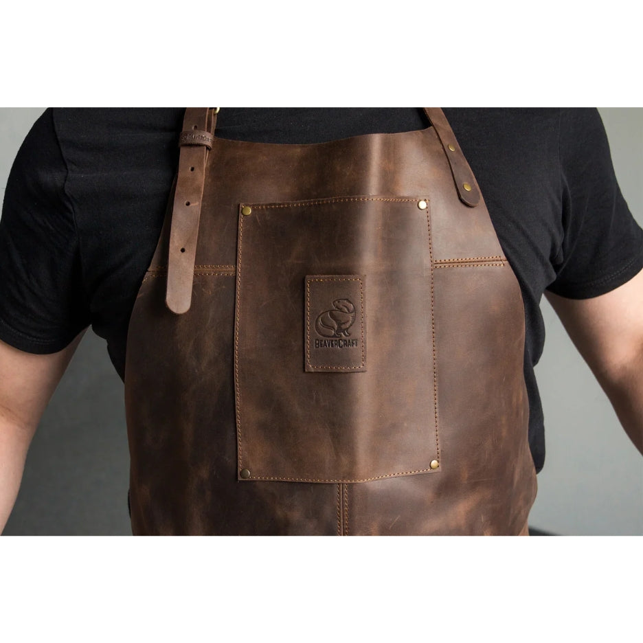 Front top view: Beavercraft Adjustable Brown Leather Work Apron BE-AP2X