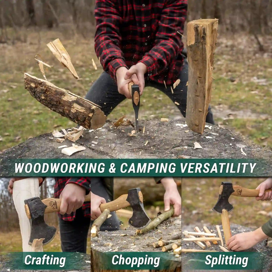 Person using Beavercraft Bushcraft Axe AX3 for woodworking and camping tasks outdoors.