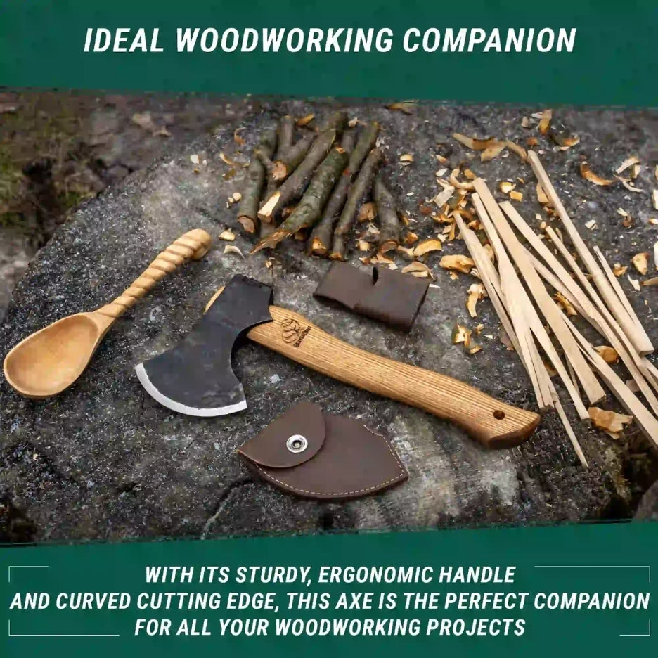 Beavercraft Bushcraft Axe AX3 with leather sheath on a stone surface