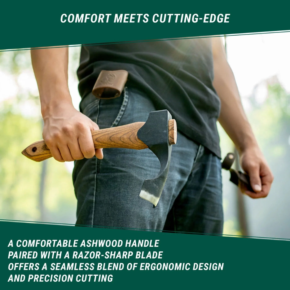 Person holding Beavercraft Compact Wood Carving Adze AX2 outdoors.