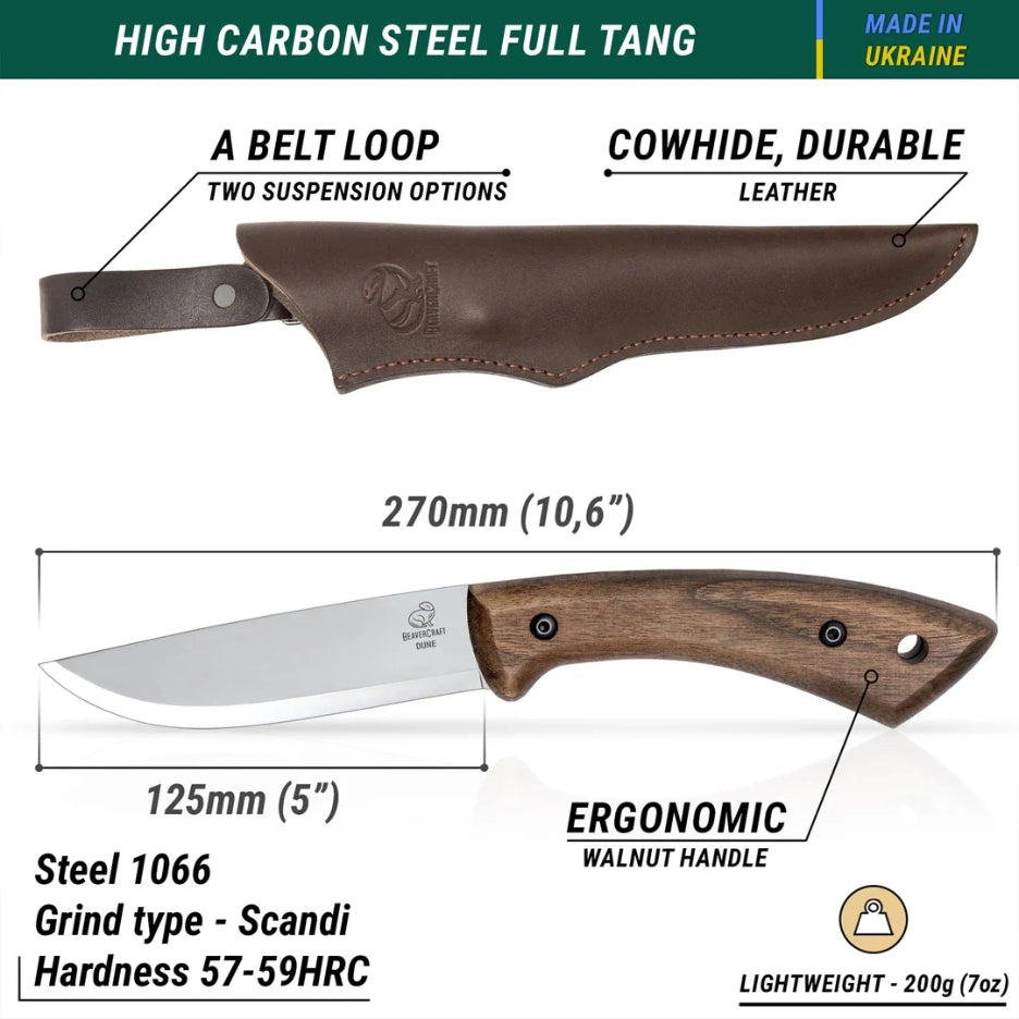 Beavercraft Dune Carbon Steel Bushcraft Knife BSH1 Walnut Handle With Leather Sheath measurements and features