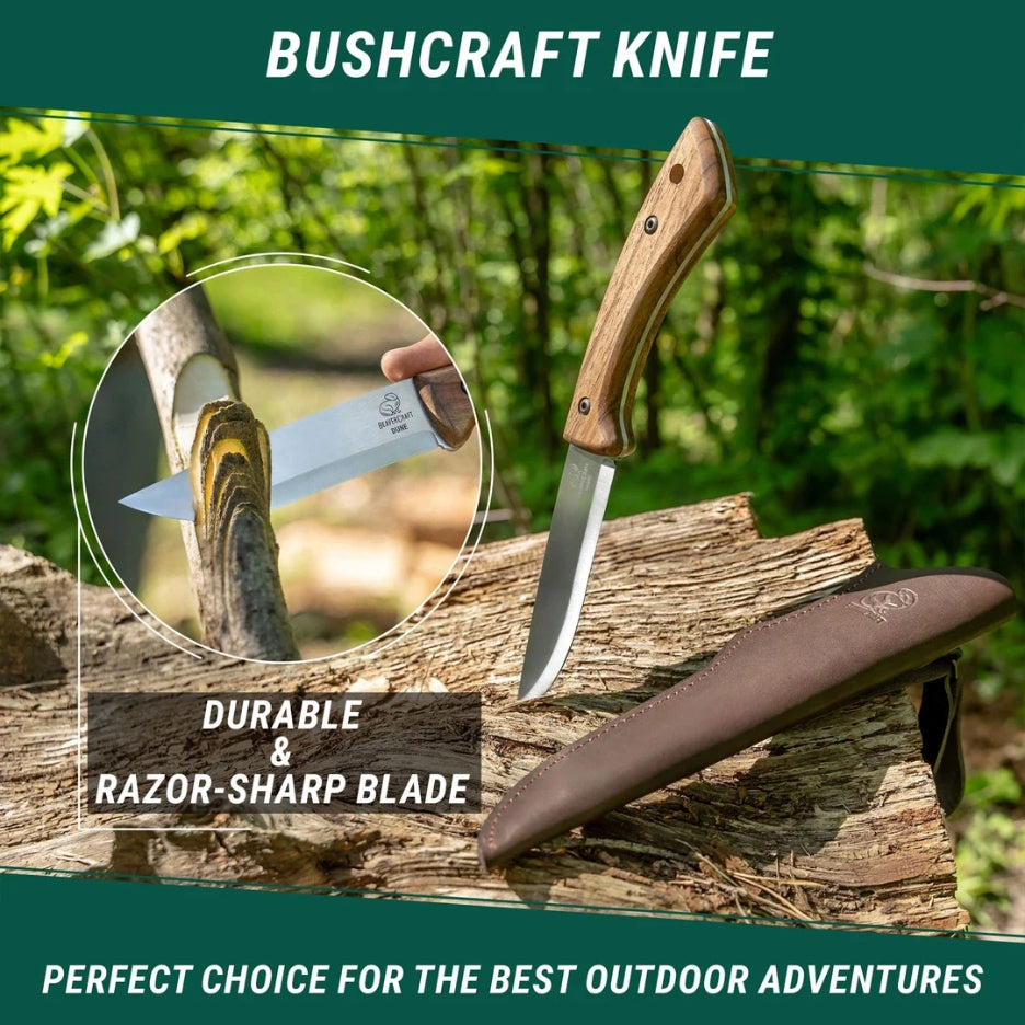 Bushcraft knife with wooden handle and sheath on a natural background