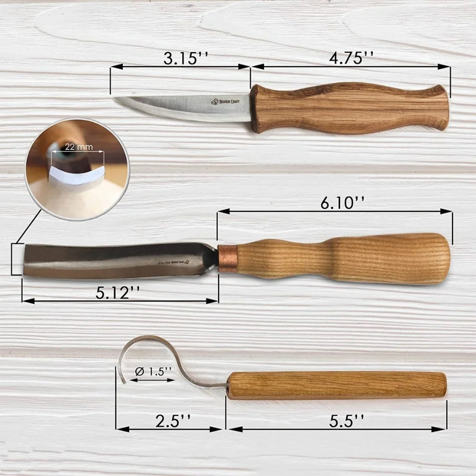 Beavercraft Spoon Carving Set With Gouge tools' measurements