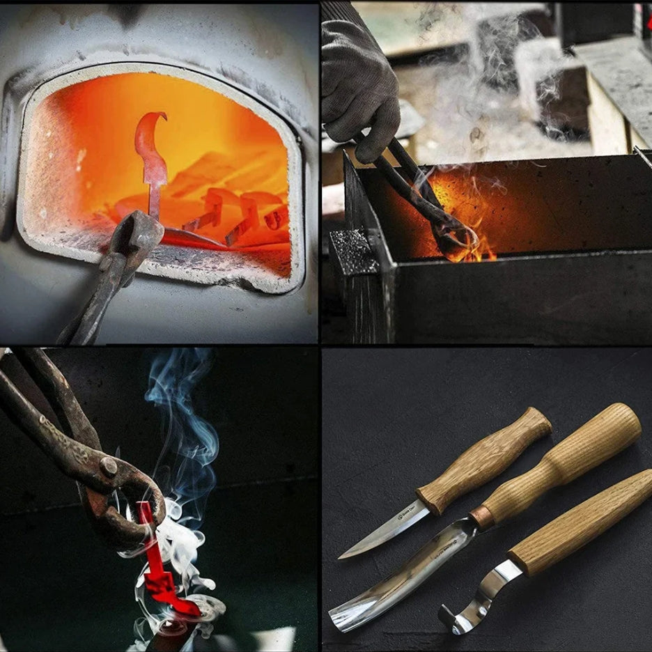 Collage of images showing metalworking processes to make the Beavercraft Spoon Carving Set 