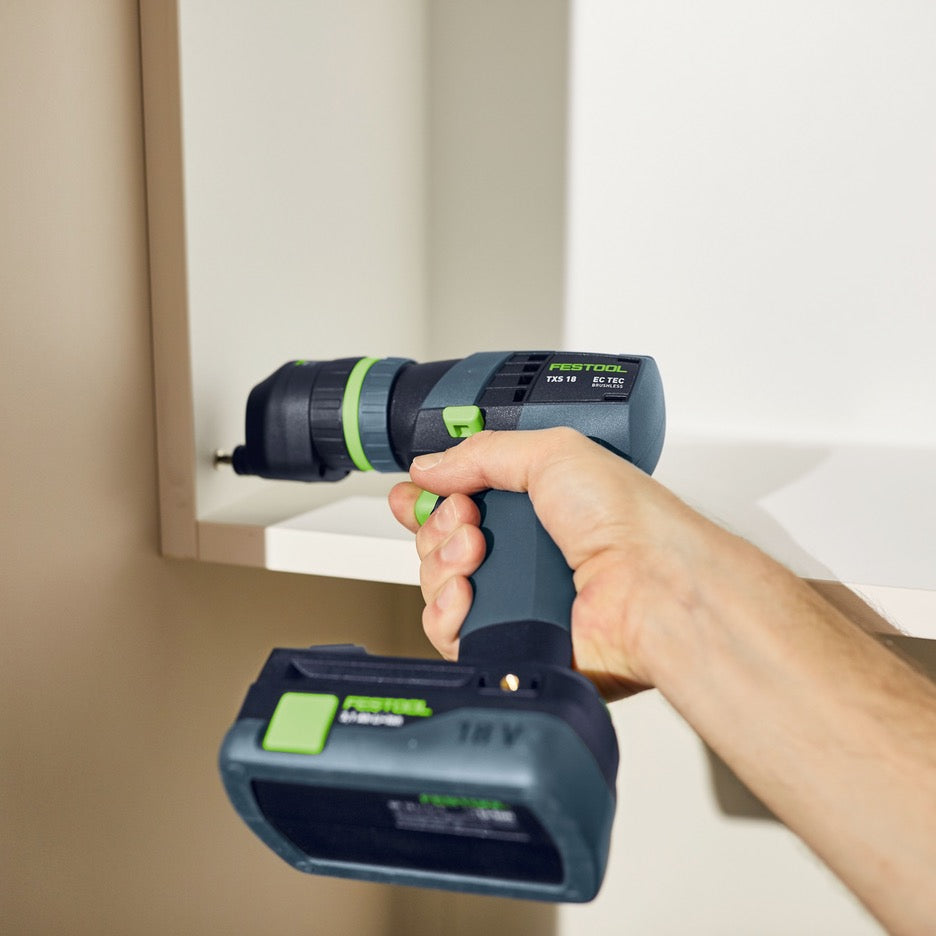 Festool TXS 18 Cordless Drill Set 576903 driving screw close to cabinet bottom with optional eccentric chuck