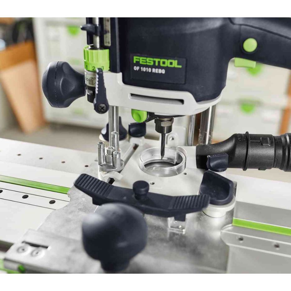 Close look on Festool 1400mm Guide Rail with LR32 Holes FS 1400/2 used with Festool router