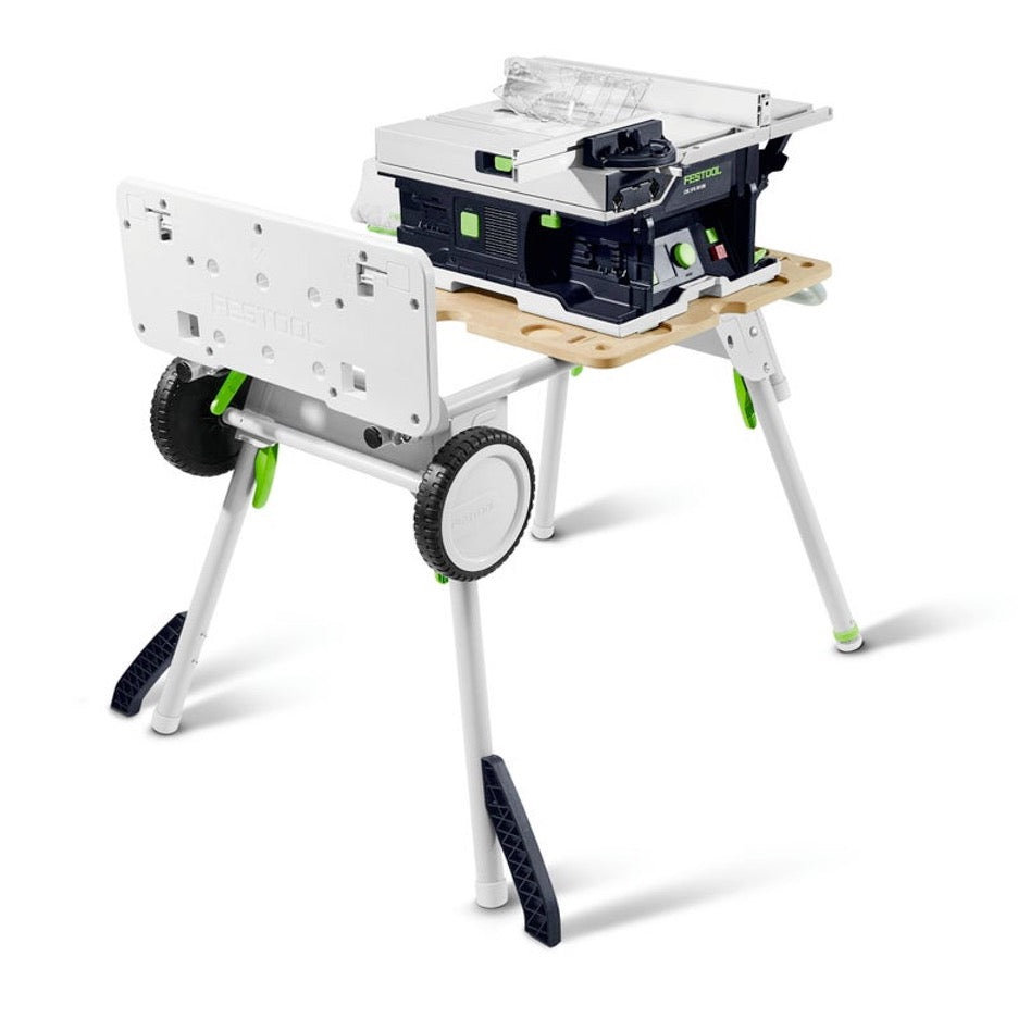 Festool CSC SYS Cordless Table Saw Basic-Set 577372 on underframe sideways with support unfolded, from left