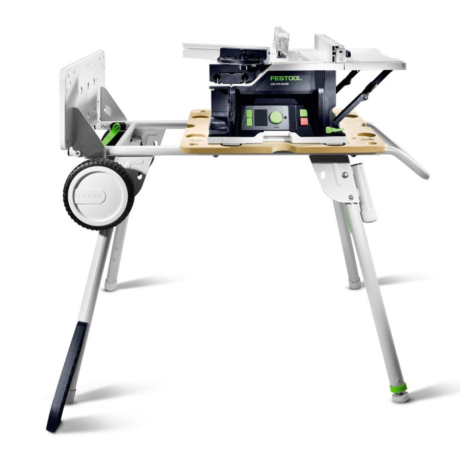 Festool CSC SYS Cordless Table Saw Basic-Set 577372 on underframe sideways with support unfolded, from front