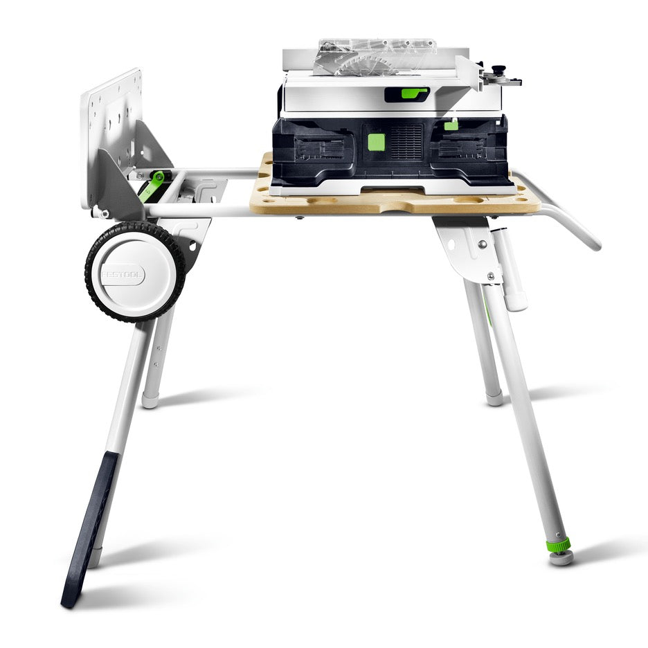 Festool CSC SYS Cordless Table Saw Basic-Set 577372 on underframe with support unfolded, from left