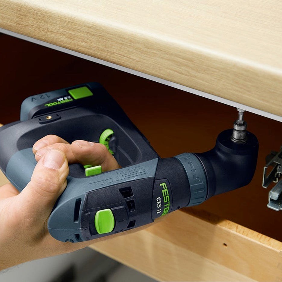 Festool CXS 12 Cordless Drill Plus 576868 screwing down countertop from inside cabinet with right angle chuck