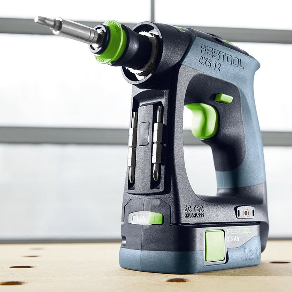Festool Cordless Drill Set 576869 with Centrotec chuck and magnetic bit holder, and other bits in onboard bit holder