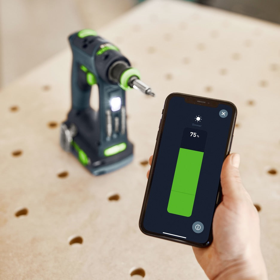 Festool CXS 18 Cordless Drill Basic 576887 battery charge indicator on Work App on mobile phone
