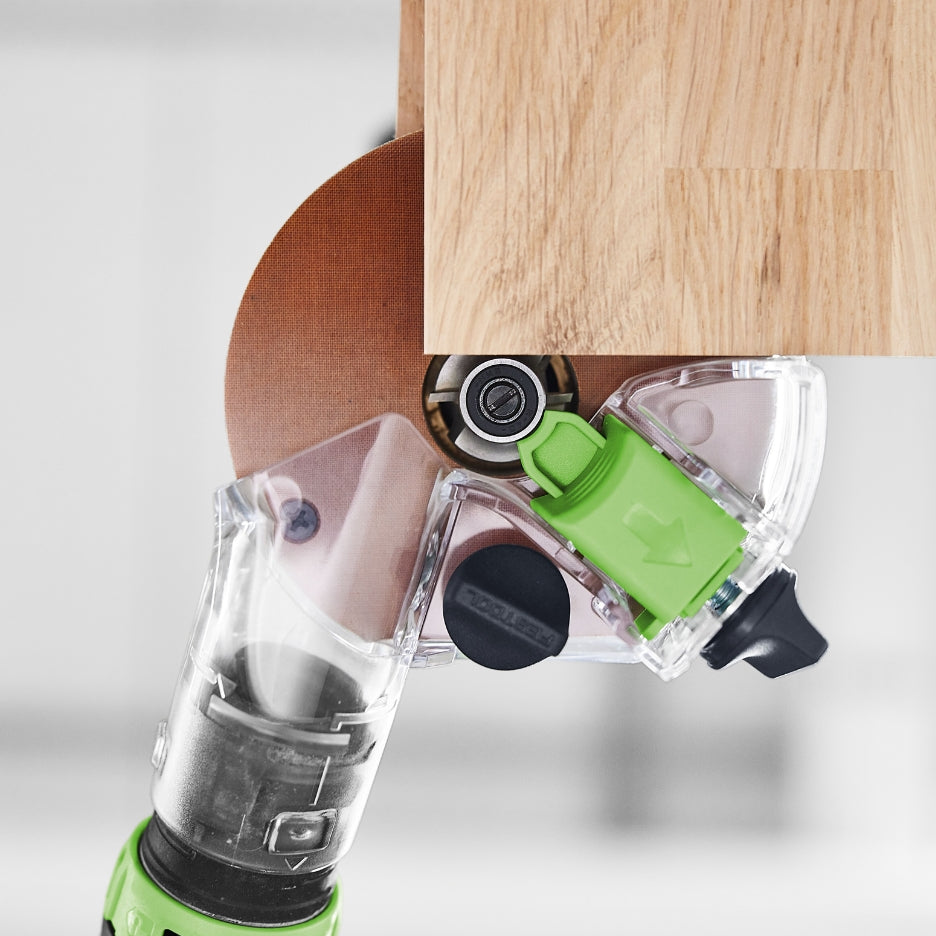 Bottom of Festool Cordless Edge Trimming Router OFKC 500 R3 EB-Basic.on wood