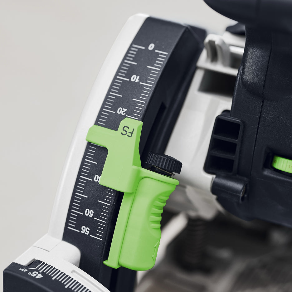 Festool TSC 55 KS features an easy-to-read, parallax-free stepped depth stop to provide clear reading on and off the FS guide rail. With fine-adjustment knob.