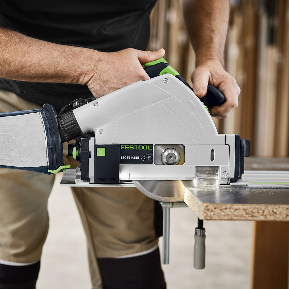 Festool Cordless Track Saw 160mm TSC 55 KS-Basic 18V 577991 cutting black melamine coated chipboard
